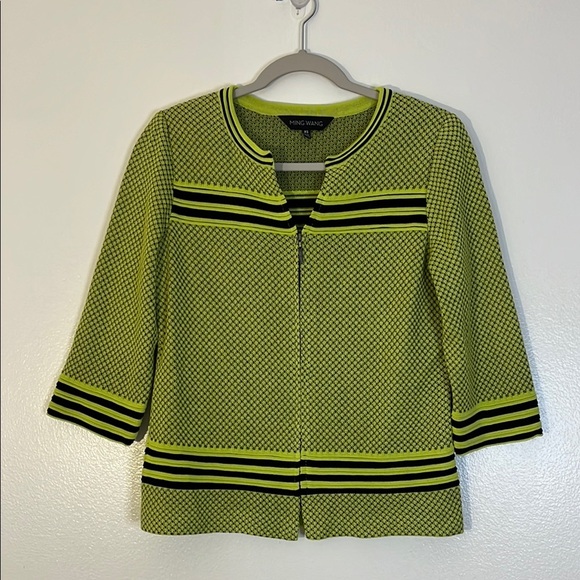 Ming Wang | Neon lime green & black zippered cardigan sweater Womens size XS - Picture 1 of 10